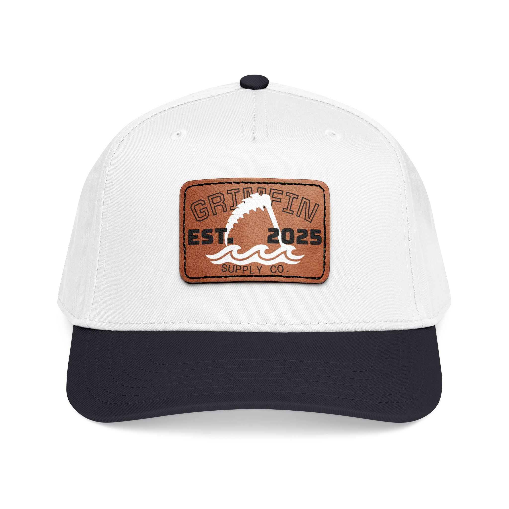 White and green cap with a brown leather patch featuring 'HGX' on a white background